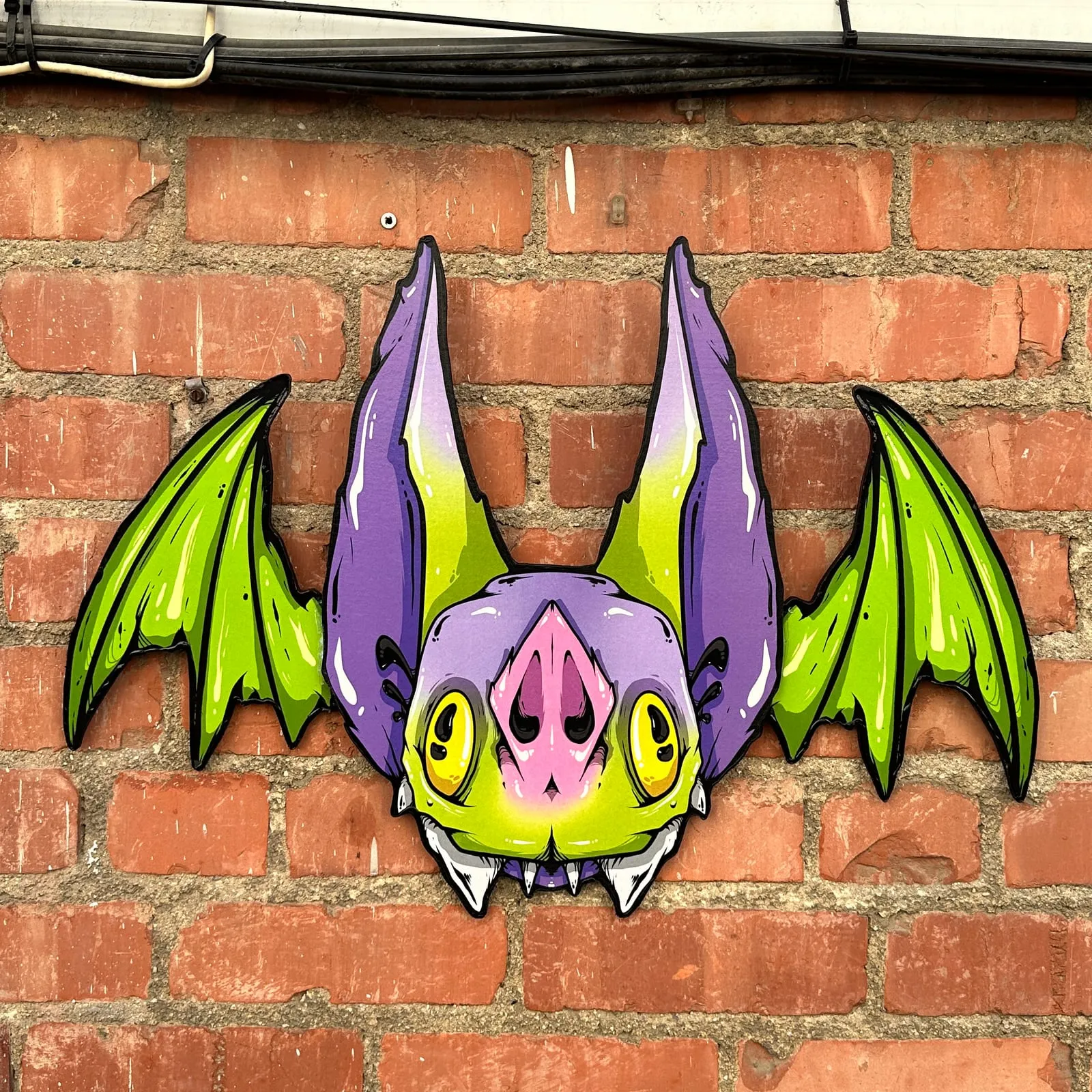 Freaking Ding Bat, hand-cut layered wood art: neon goth lowbrow horror bat art by Freaking Ding Bat