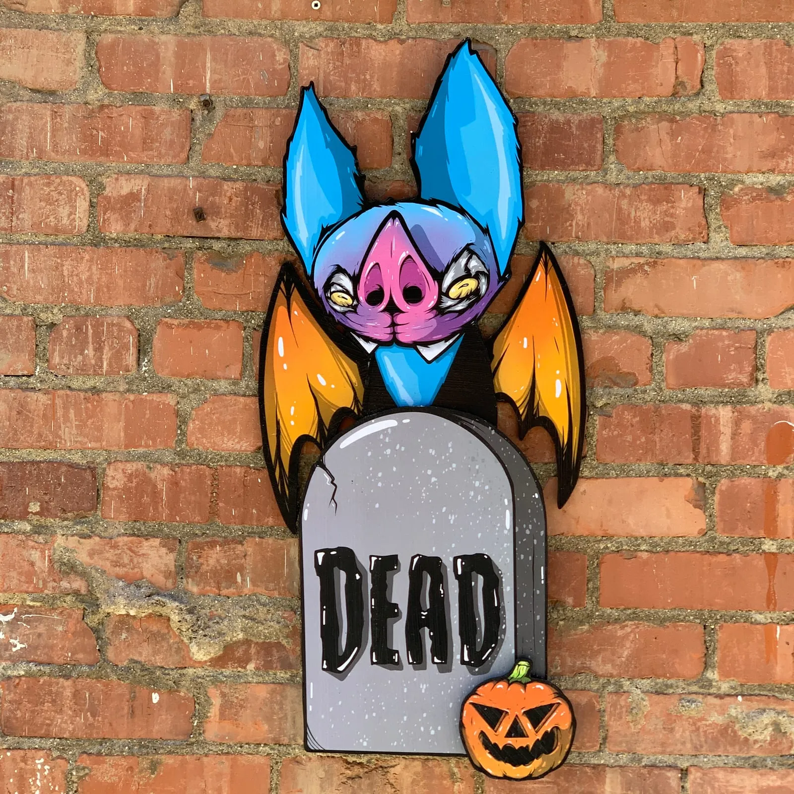Freaking Ding Bat Wood Art, hand-cut layered wood art: neon goth lowbrow horror bat art by Freaking Ding Bat