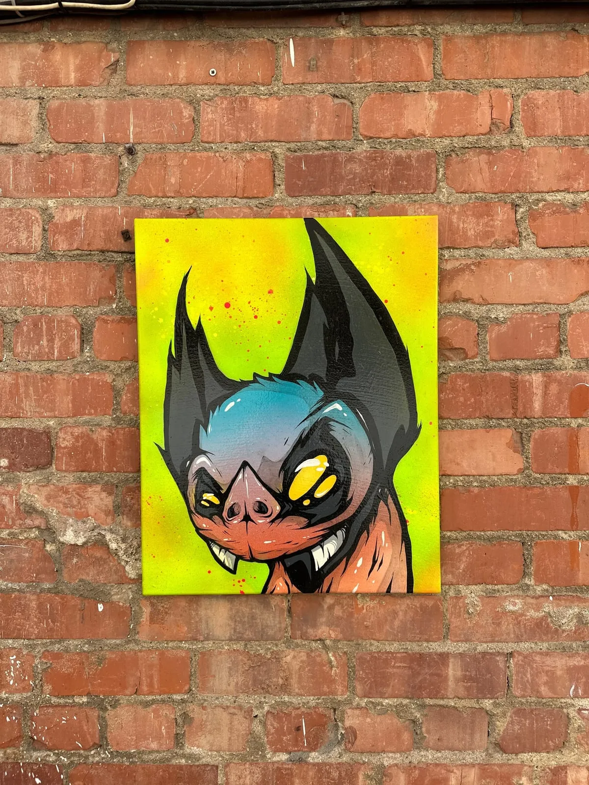 Freaking Ding Bat Painting, acrylic and spray paint painting on canvas: neon goth lowbrow horror bat art by Freaking Ding Bat