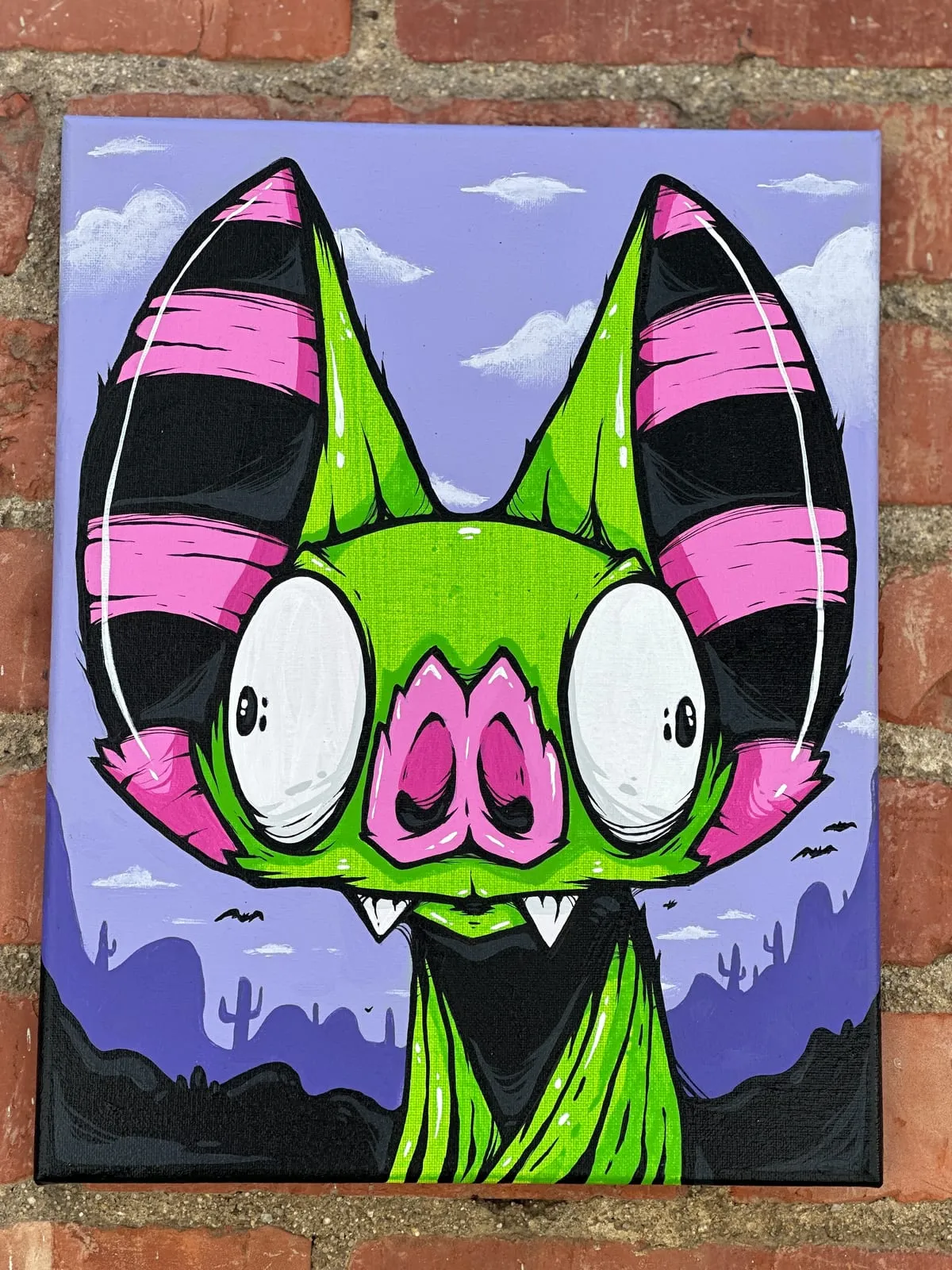 Freaking Ding Bat Painting, acrylic and spray paint painting on canvas: neon goth lowbrow horror bat art by Freaking Ding Bat