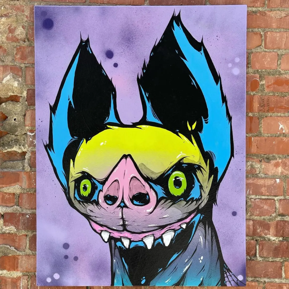 Freaking Ding Bat Painting, acrylic and spray paint painting on canvas: neon goth lowbrow horror bat art by Freaking Ding Bat