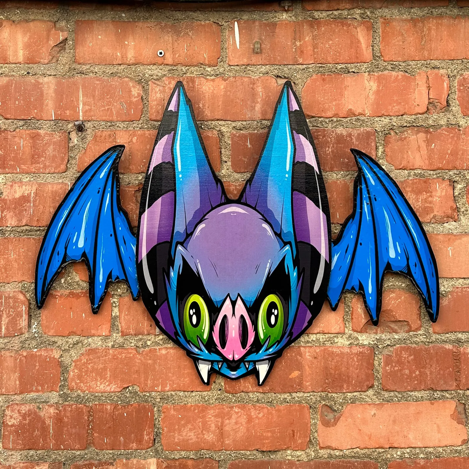 Freaking Ding Bat, hand-cut layered wood art: neon goth lowbrow horror bat art by Freaking Ding Bat