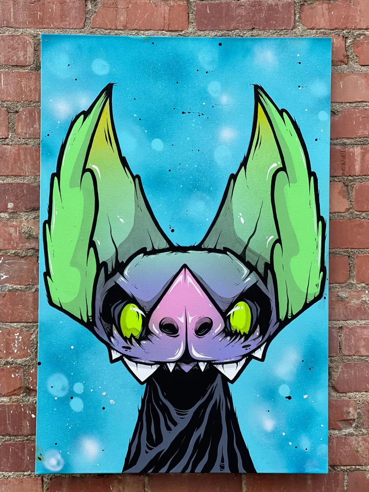 Freaking Ding Bat Painting, acrylic and spray paint painting on canvas: neon goth lowbrow horror bat art by Freaking Ding Bat