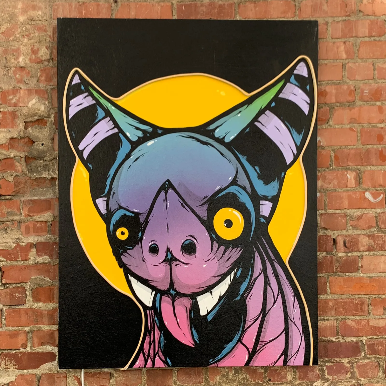 NeonDingBat, acrylic and spray paint painting on canvas: neon goth lowbrow horror bat art by Freaking Ding Bat