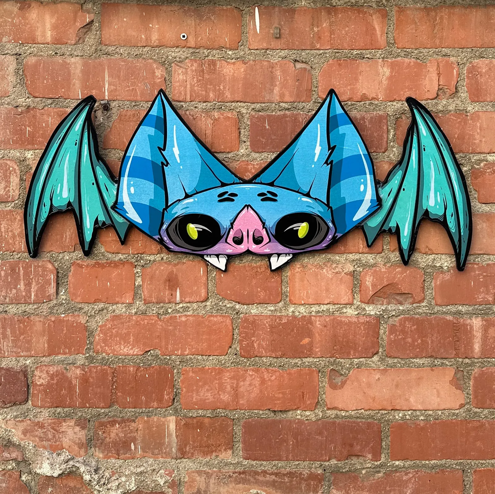 Freaking Ding Bat, hand-cut layered wood art: neon goth lowbrow horror bat art by Freaking Ding Bat