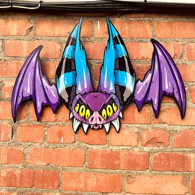 Freaking Ding Bat Wood Art, hand-cut layered wood art: neon goth lowbrow horror bat art by Freaking Ding Bat