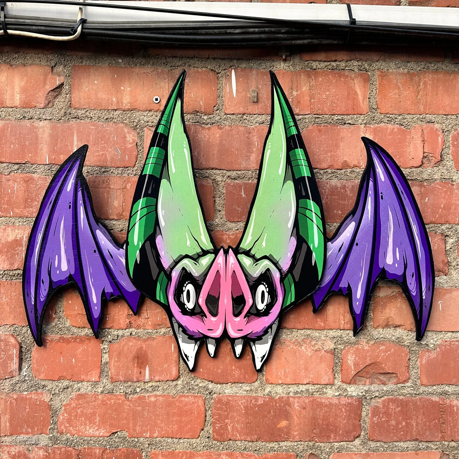 Freaking Ding Bat, hand-cut layered wood art: neon goth lowbrow horror bat art by Freaking Ding Bat