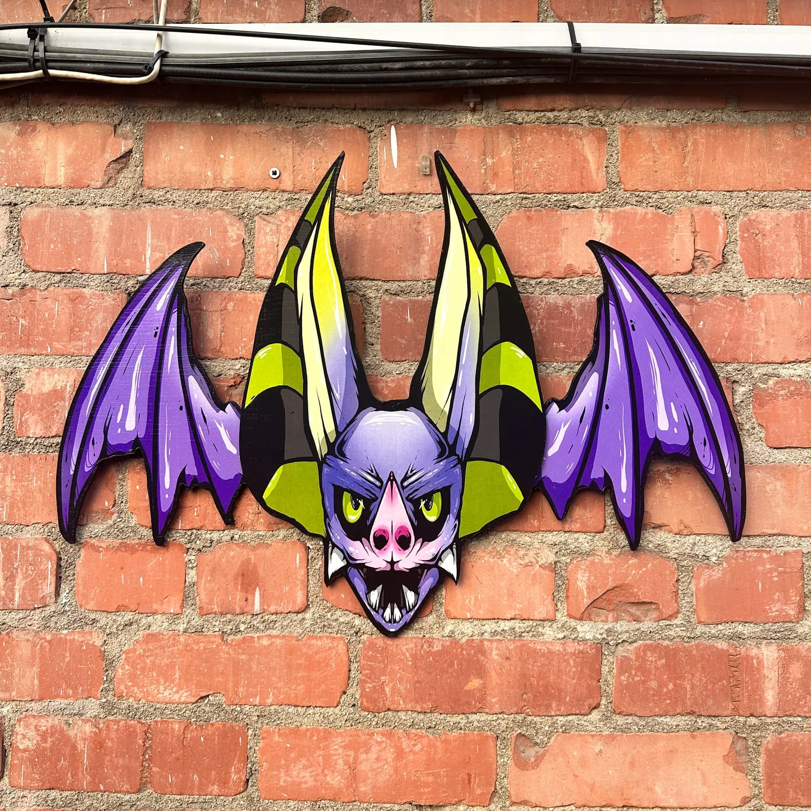 Freaking Ding Bat, hand-cut layered wood art: neon goth lowbrow horror bat art by Freaking Ding Bat