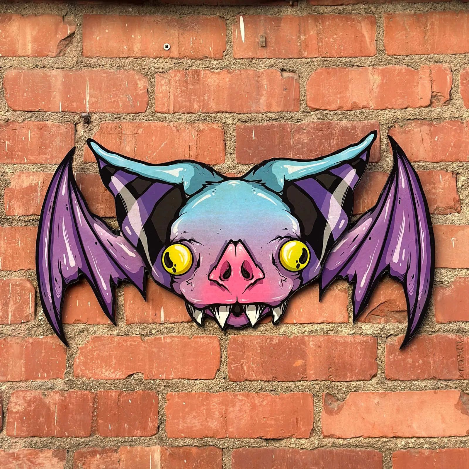 Freaking Ding Bat Wood Art, hand-cut layered wood art: neon goth lowbrow horror bat art by Freaking Ding Bat