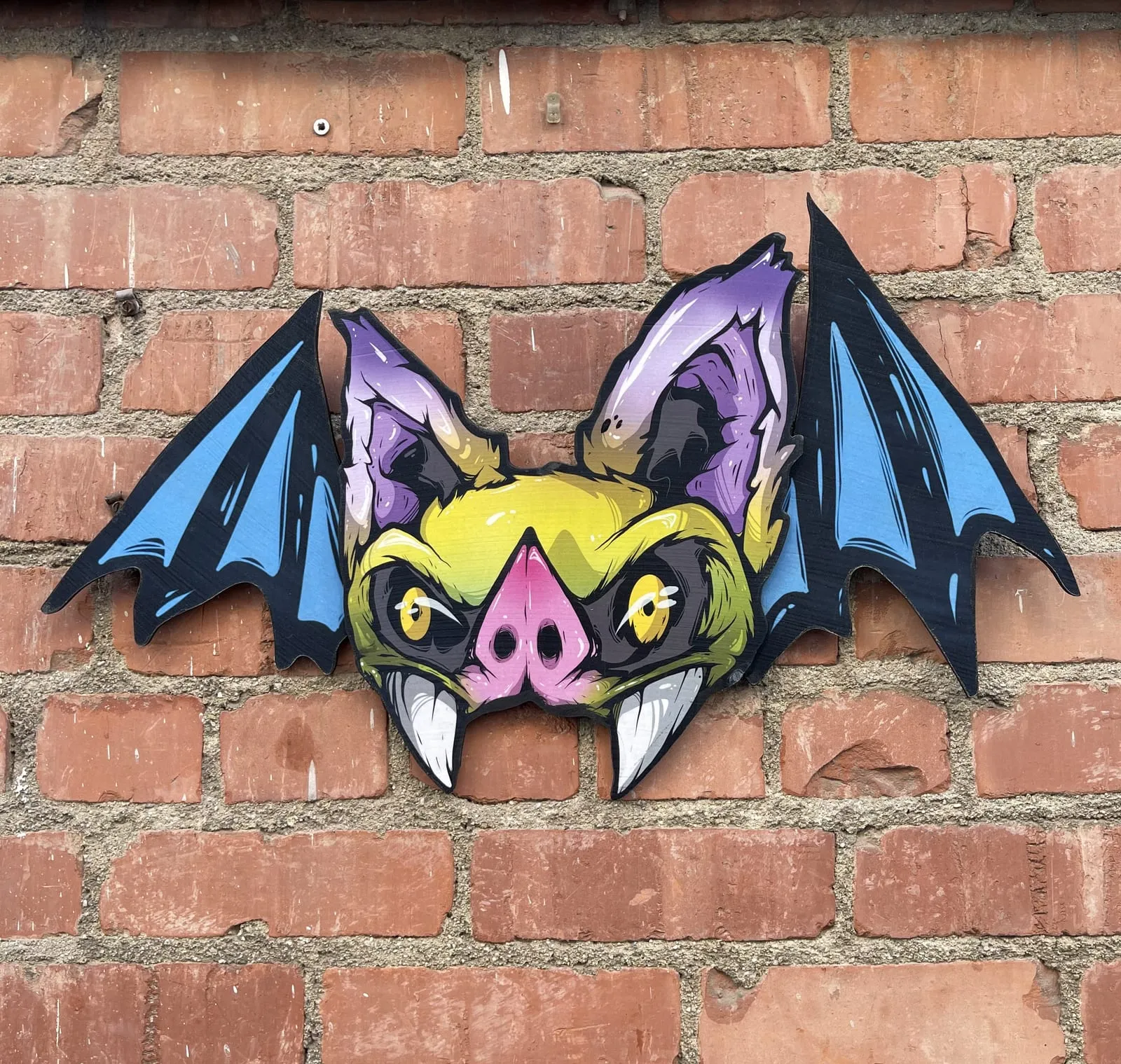 Freaking Ding Bat Wood Art, hand-cut layered wood art: neon goth lowbrow horror bat art by Freaking Ding Bat