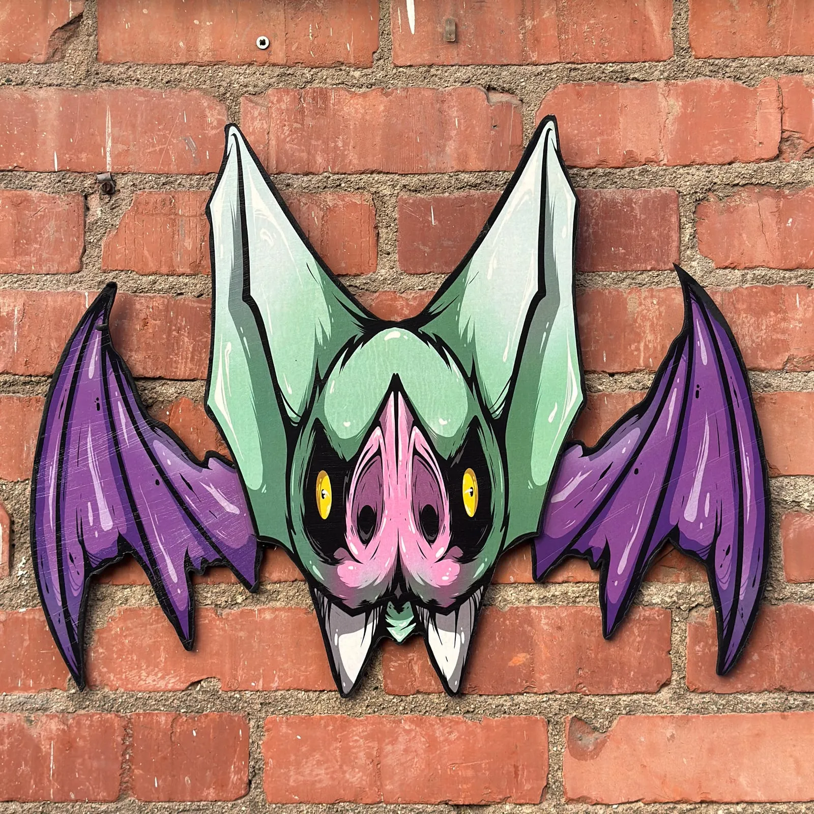 Freaking Ding Bat Wood Art, hand-cut layered wood art: neon goth lowbrow horror bat art by Freaking Ding Bat