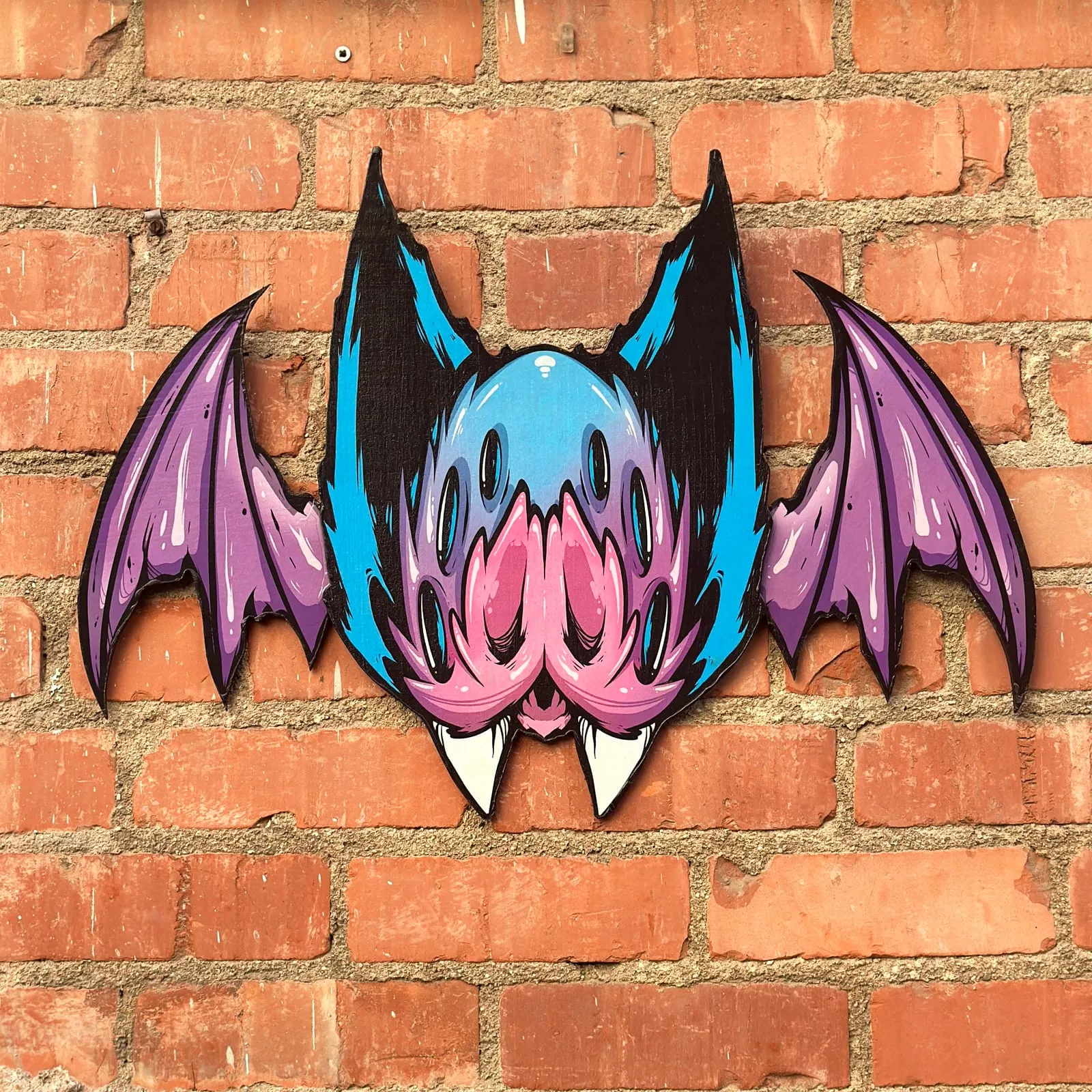 Freaking Ding Bat, hand-cut layered wood art: neon goth lowbrow horror bat art by Freaking Ding Bat
