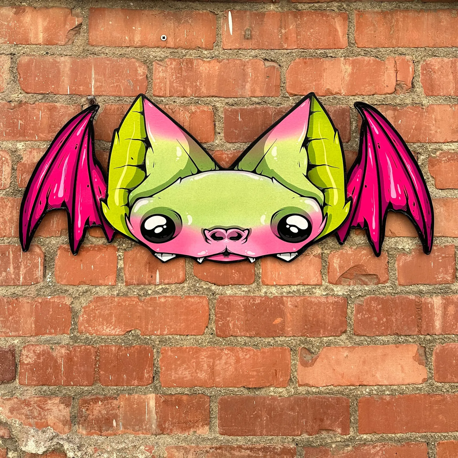 Freaking Ding Bat, hand-cut layered wood art: neon goth lowbrow horror bat art by Freaking Ding Bat