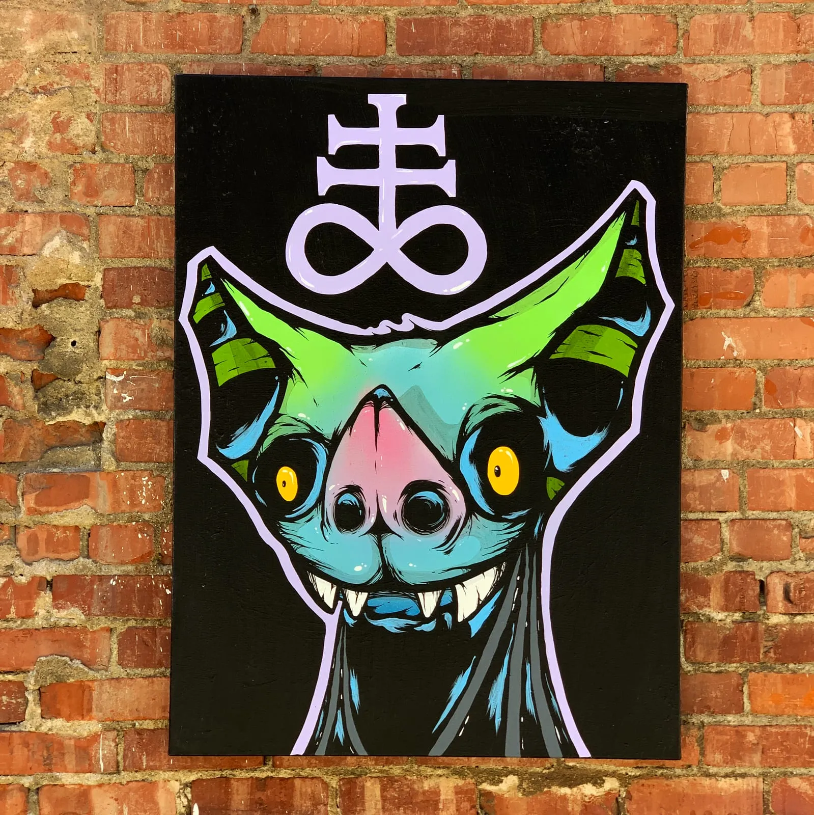 Freaking Ding Bat Painting, acrylic and spray paint painting on canvas: neon goth lowbrow horror bat art by Freaking Ding Bat