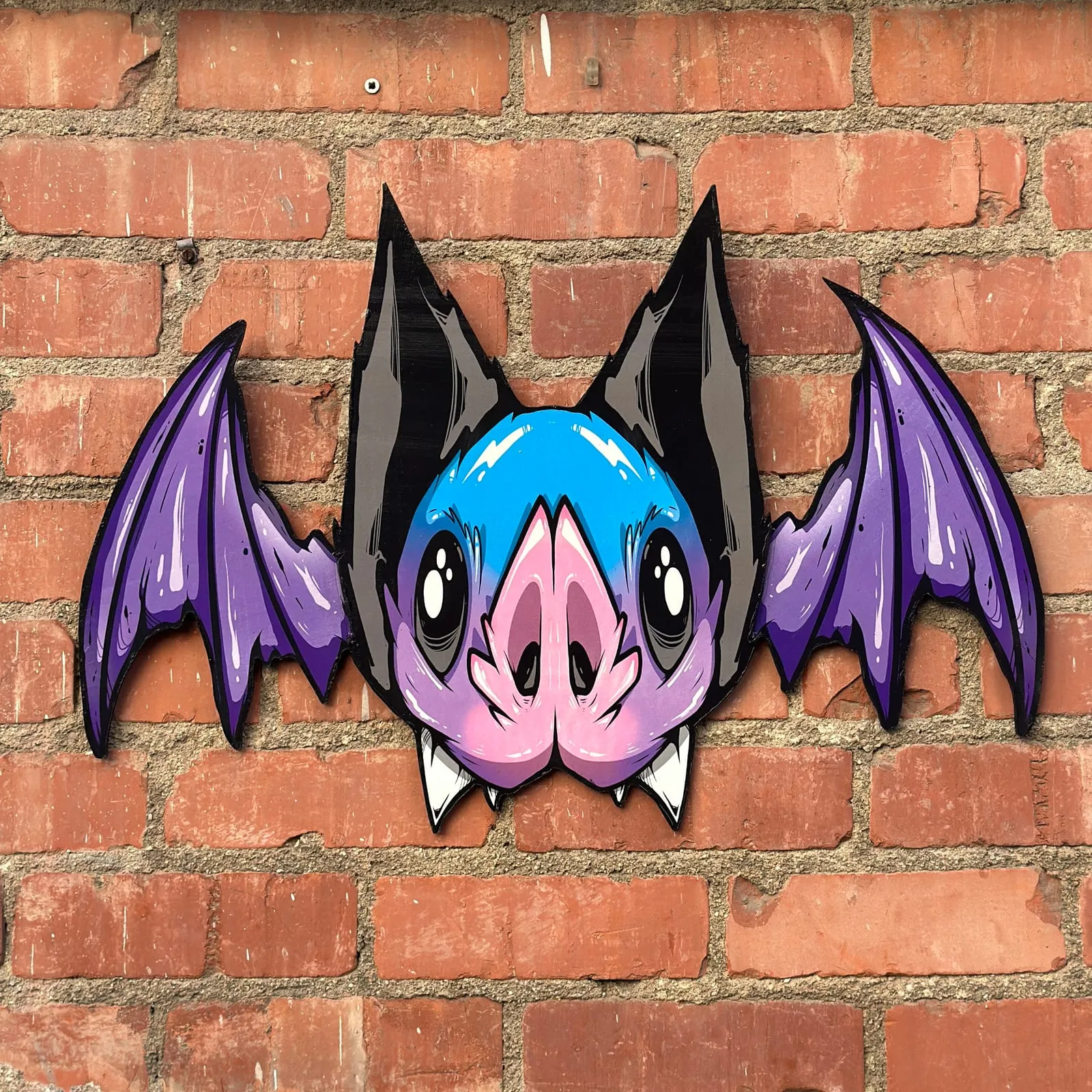 Freaking Ding Bat, hand-cut layered wood art: neon goth lowbrow horror bat art by Freaking Ding Bat