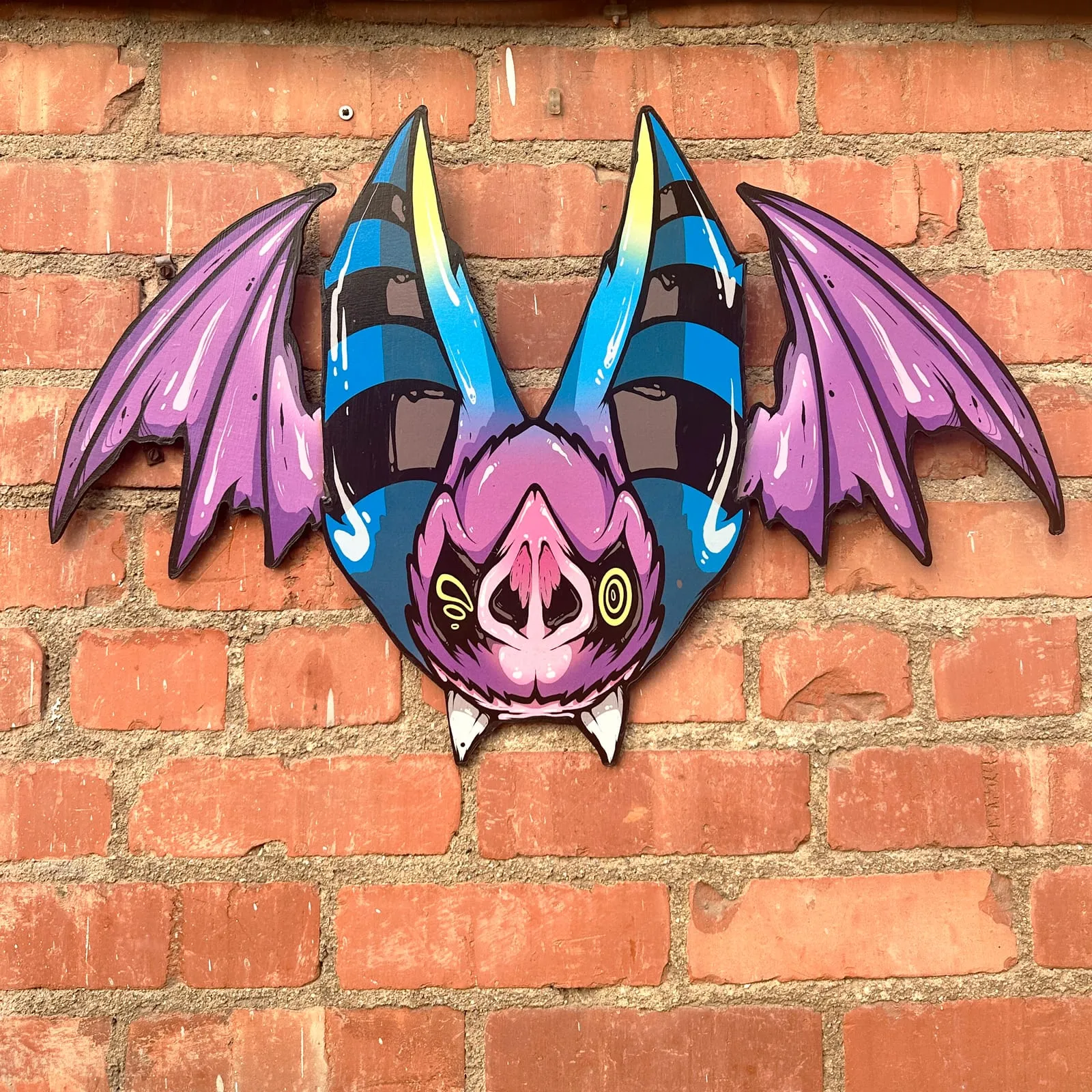 Freaking Ding Bat, hand-cut layered wood art: neon goth lowbrow horror bat art by Freaking Ding Bat