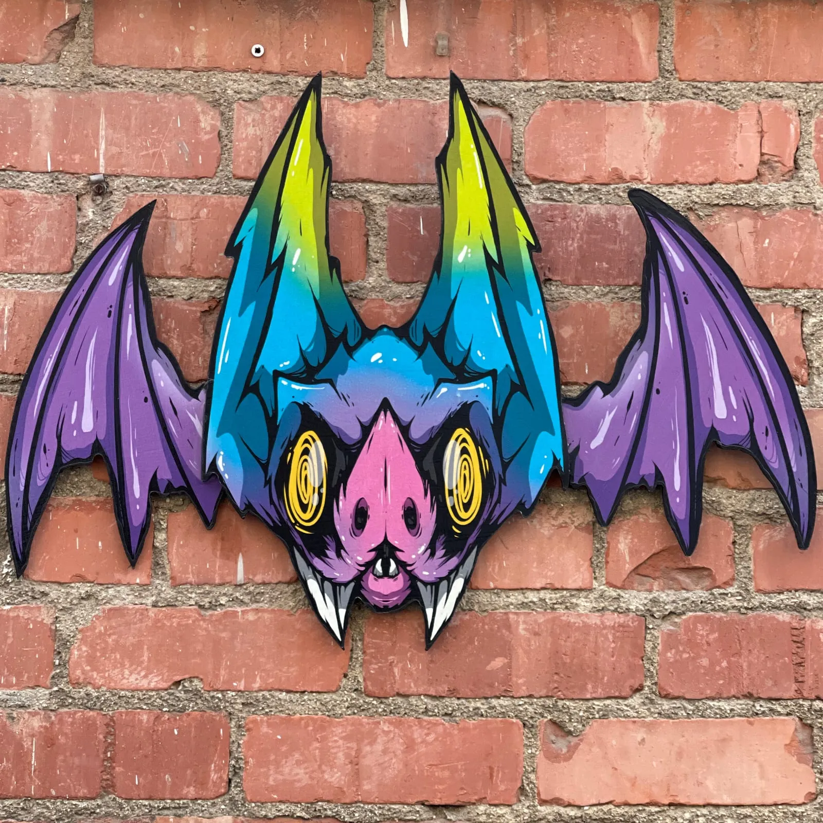 Freaking Ding Bat Wood Art, hand-cut layered wood art: neon goth lowbrow horror bat art by Freaking Ding Bat