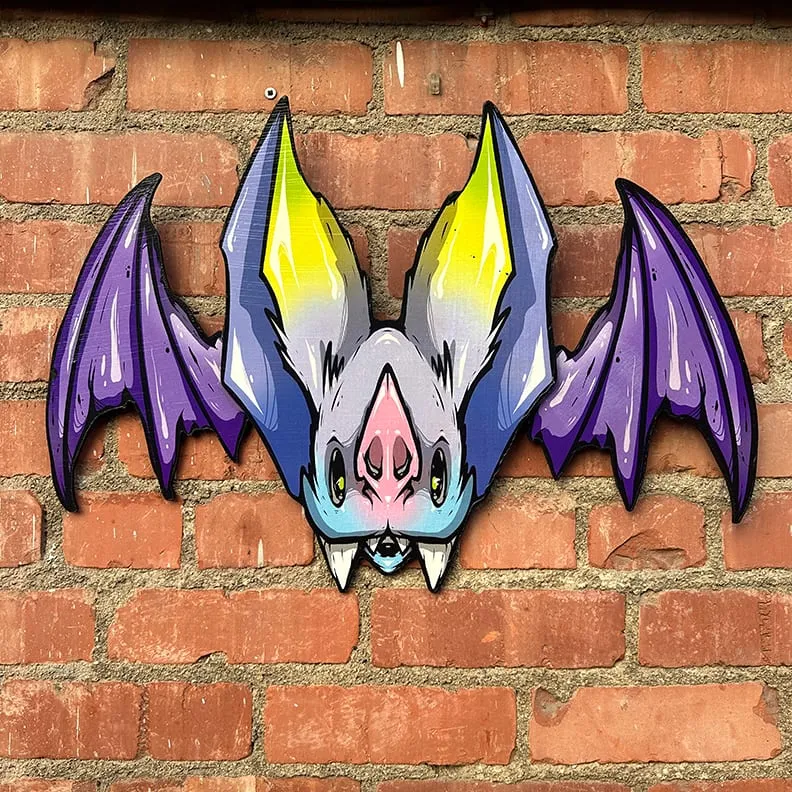 Freaking Ding Bat, hand-cut layered wood art: neon goth lowbrow horror bat art by Freaking Ding Bat