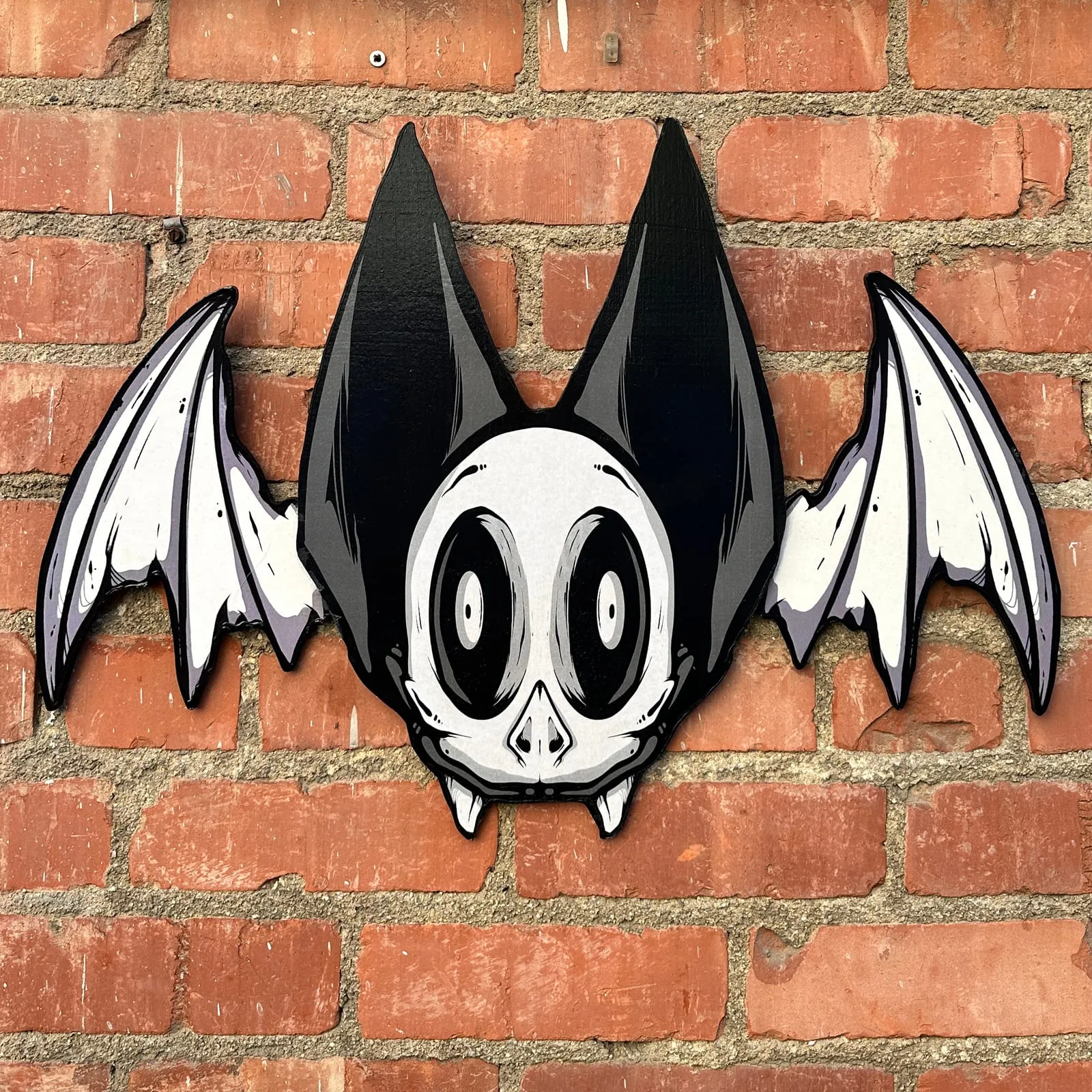 Freaking Ding Bat, hand-cut layered wood art: neon goth lowbrow horror bat art by Freaking Ding Bat