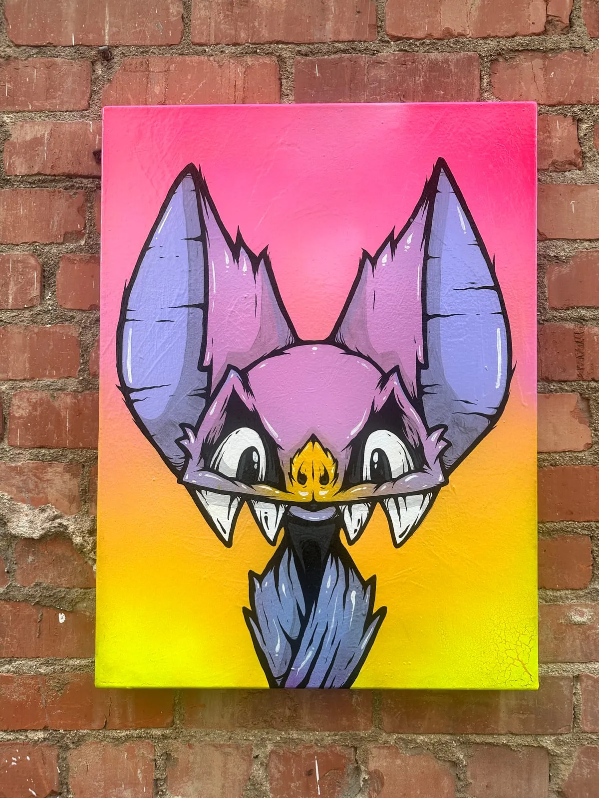 Freaking Ding Bat Painting, acrylic and spray paint painting on canvas: neon goth lowbrow horror bat art by Freaking Ding Bat