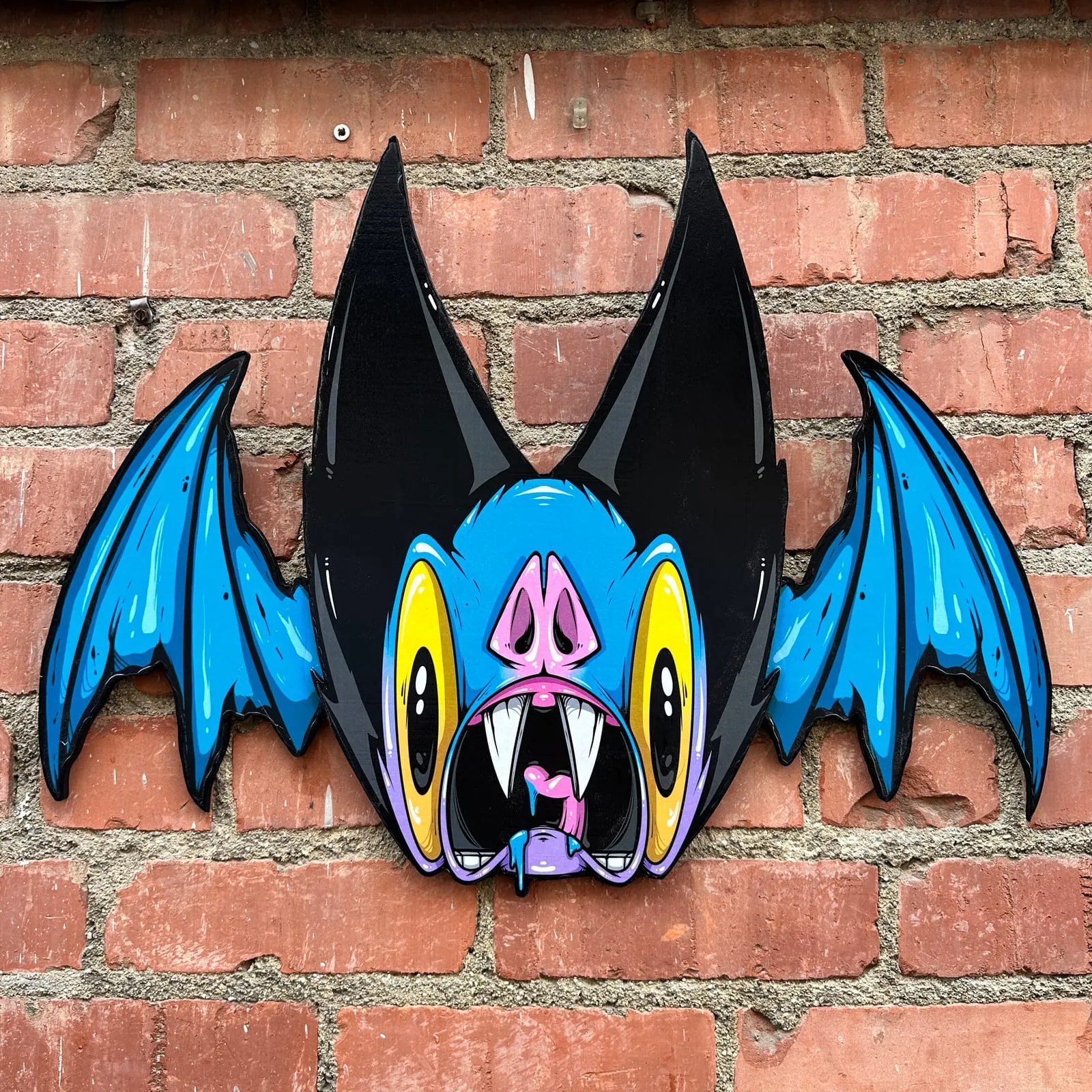 Freaking Ding Bat Wood Art, hand-cut layered wood art: neon goth lowbrow horror bat art by Freaking Ding Bat