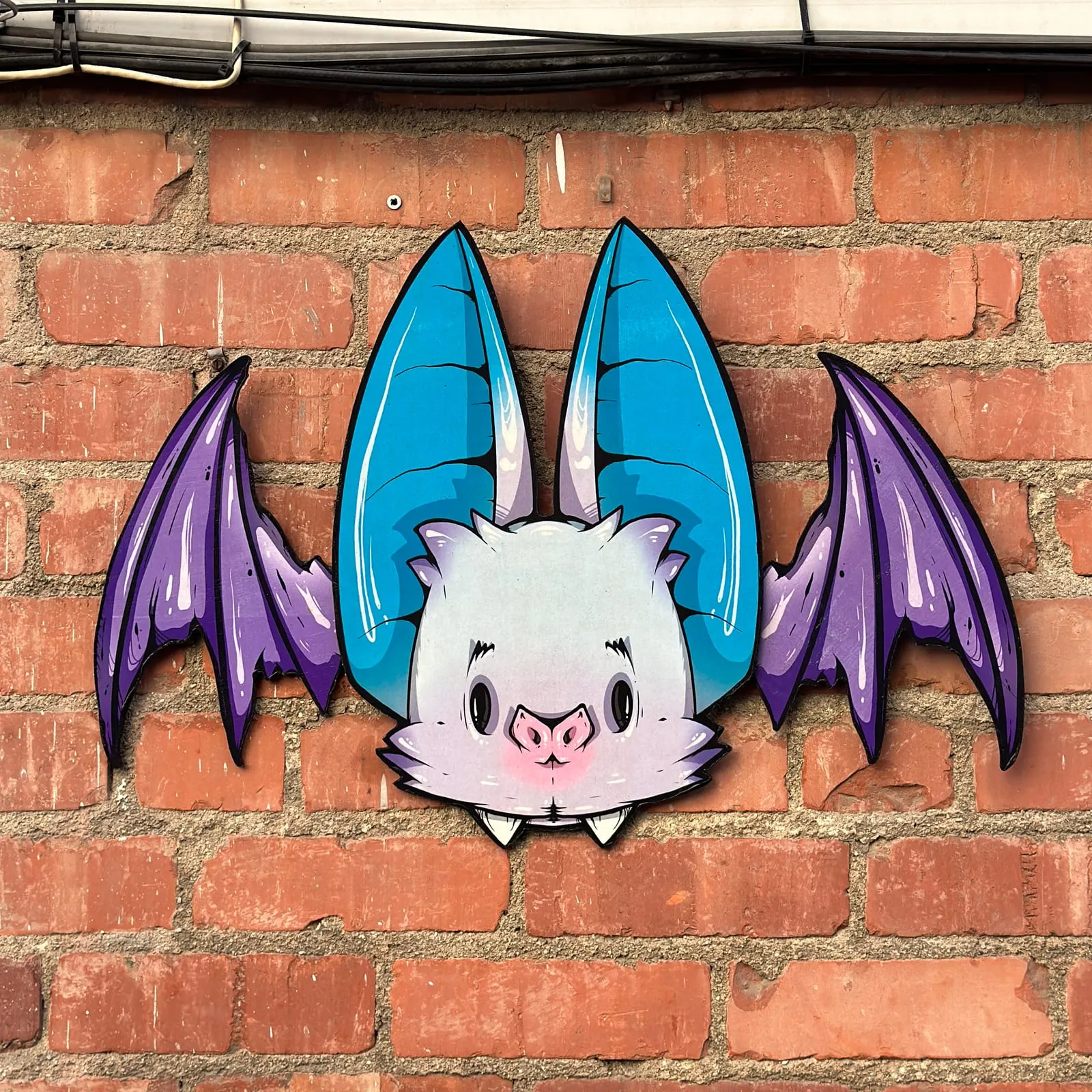 Freaking Ding Bat, hand-cut layered wood art: neon goth lowbrow horror bat art by Freaking Ding Bat