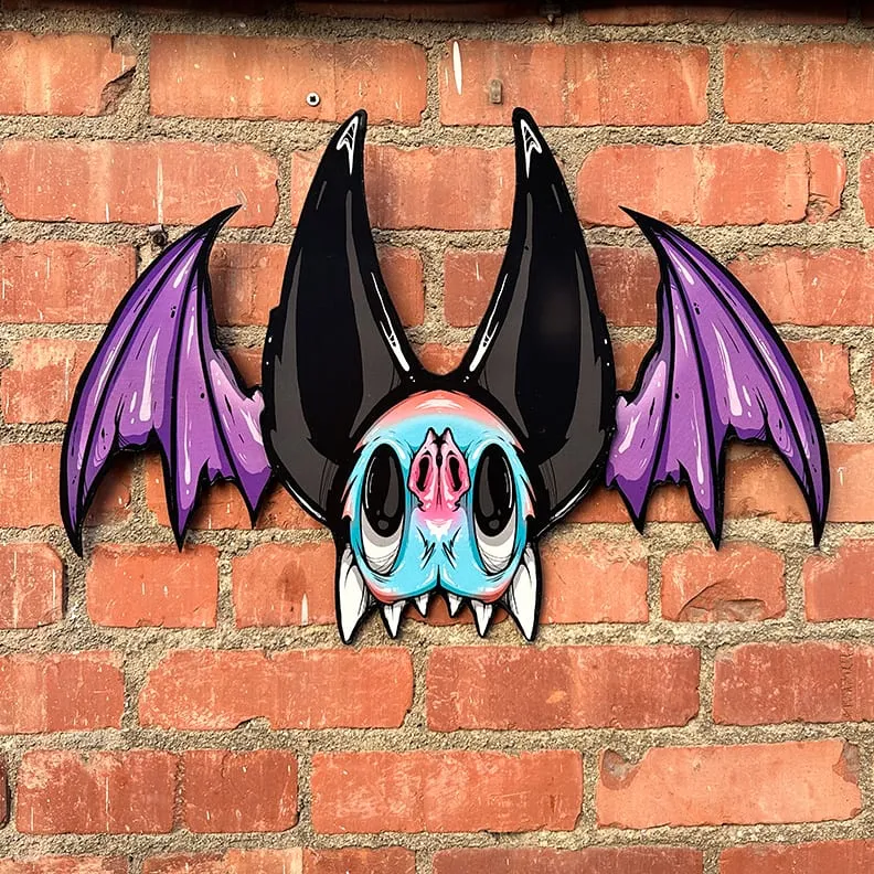 Freaking Ding Bat, hand-cut layered wood art: neon goth lowbrow horror bat art by Freaking Ding Bat