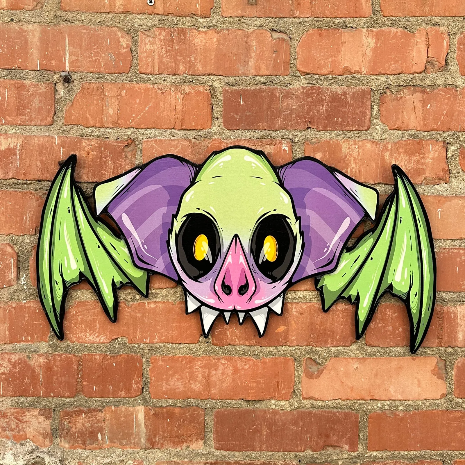 Freaking Ding Bat, hand-cut layered wood art: neon goth lowbrow horror bat art by Freaking Ding Bat