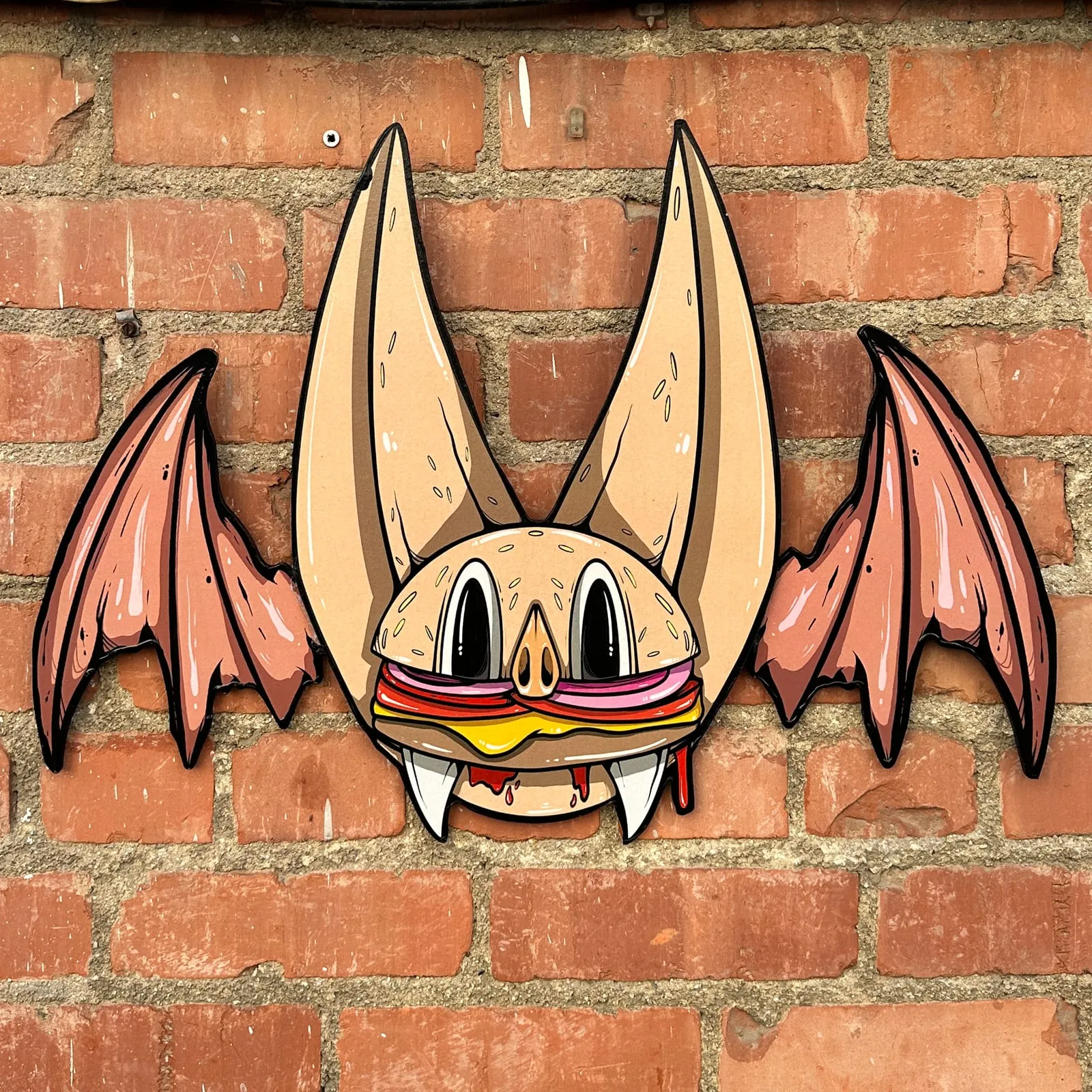 Freaking Ding Bat Wood Art, hand-cut layered wood art: neon goth lowbrow horror bat art by Freaking Ding Bat
