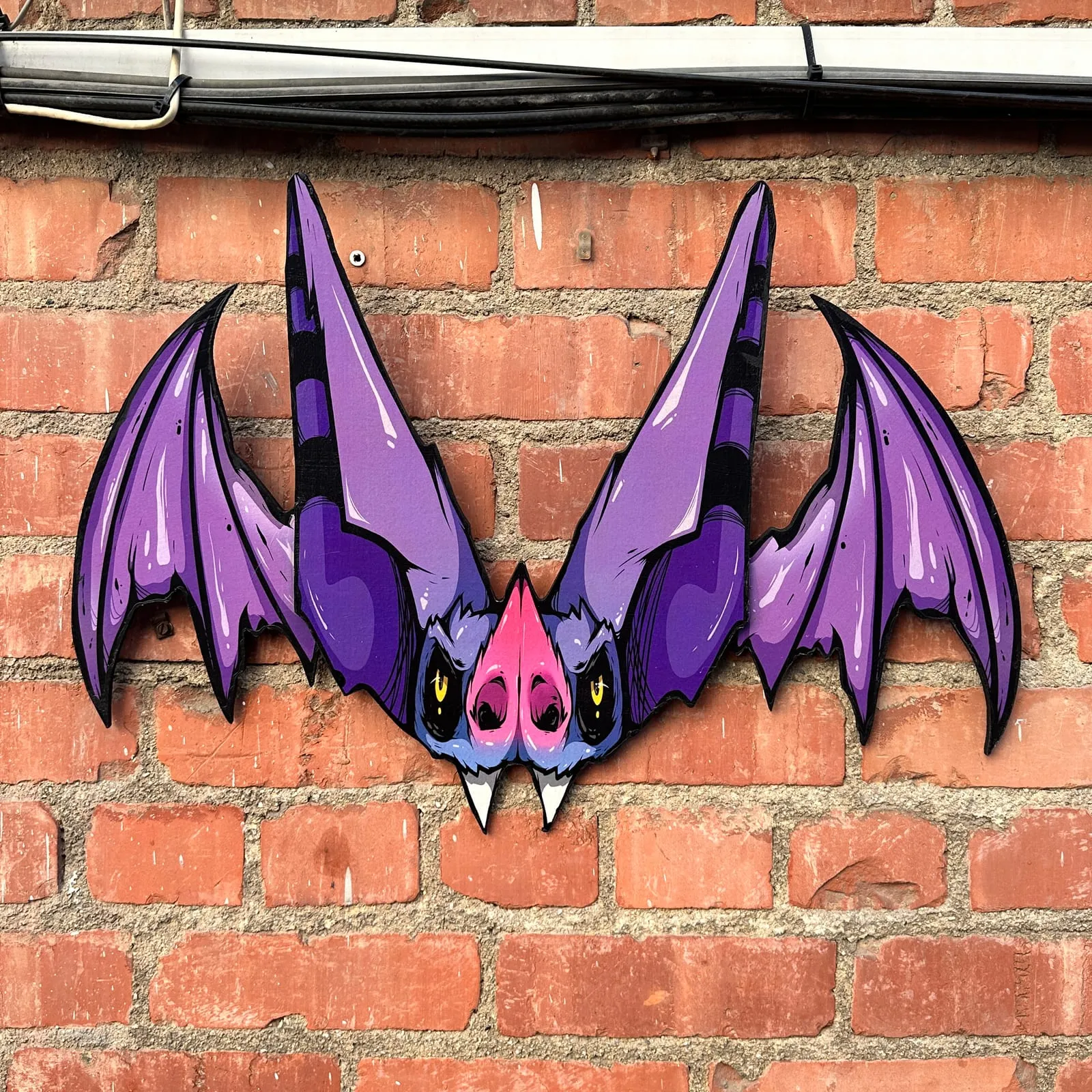 Freaking Ding Bat Wood Art, hand-cut layered wood art: neon goth lowbrow horror bat art by Freaking Ding Bat