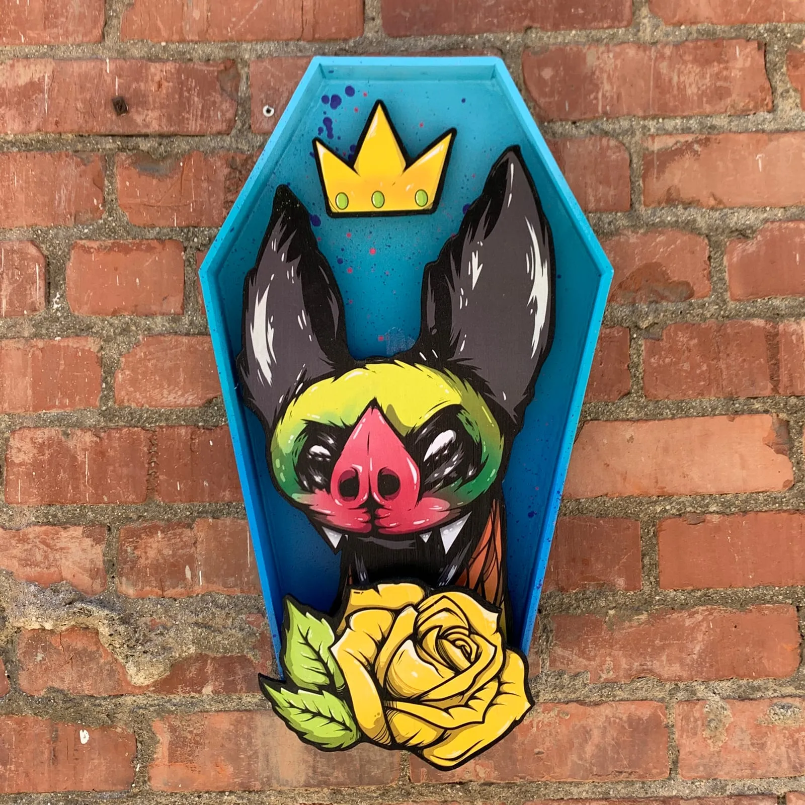Freaking Ding Bat Wood Art, hand-cut layered wood art: neon goth lowbrow horror bat art by Freaking Ding Bat