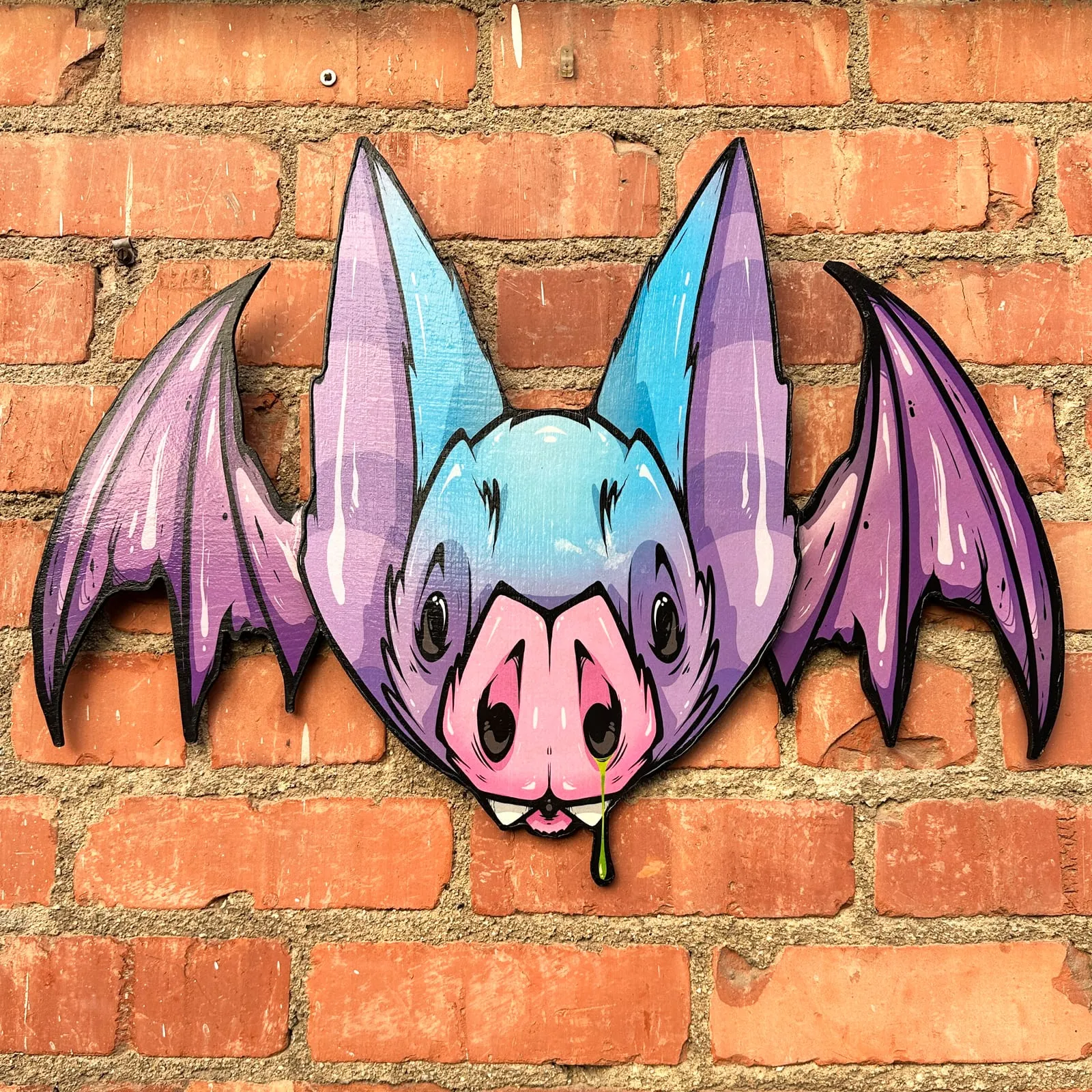 Freaking Ding Bat, hand-cut layered wood art: neon goth lowbrow horror bat art by Freaking Ding Bat