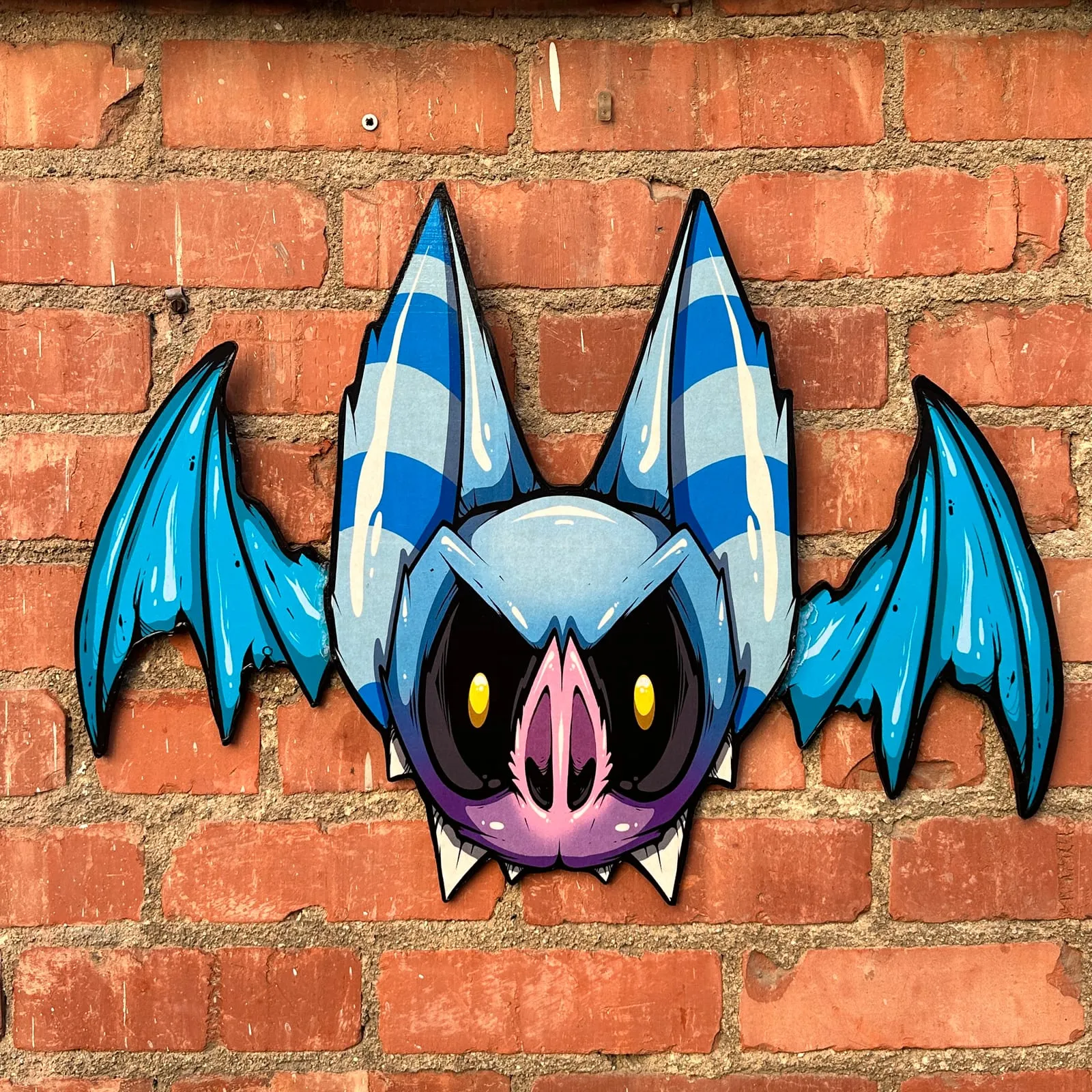 Freaking Ding Bat, hand-cut layered wood art: neon goth lowbrow horror bat art by Freaking Ding Bat