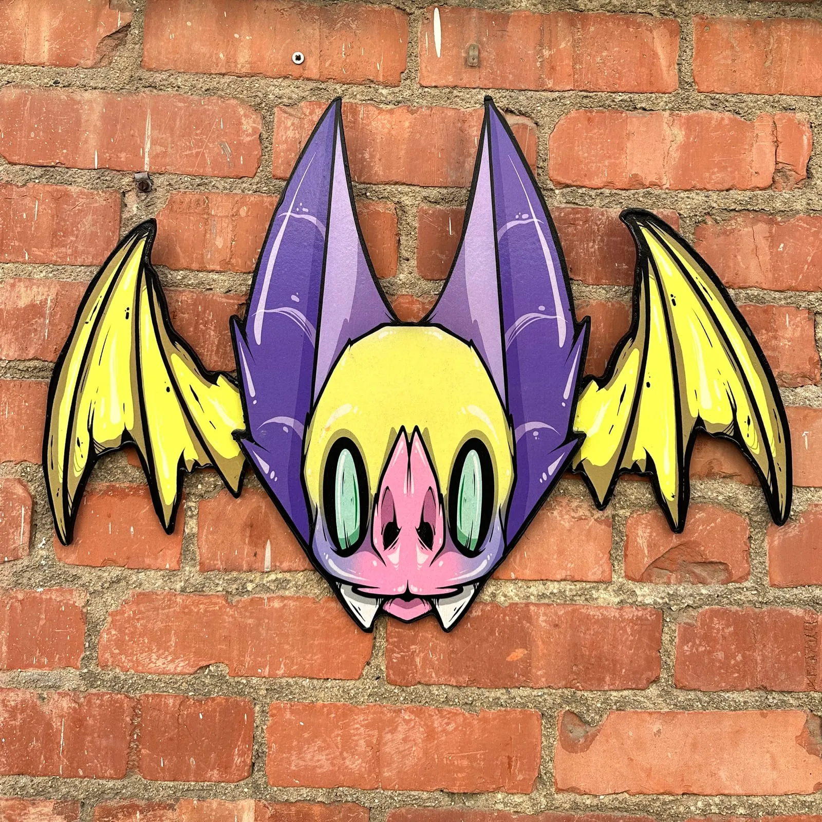 Freaking Ding Bat, hand-cut layered wood art: neon goth lowbrow horror bat art by Freaking Ding Bat