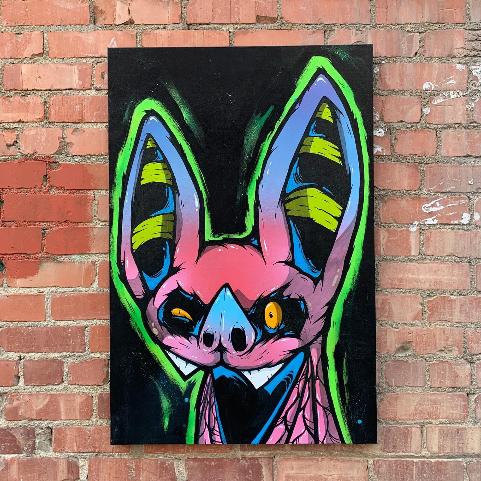 Freaking Ding Bat Painting, acrylic and spray paint painting on canvas: neon goth lowbrow horror bat art by Freaking Ding Bat