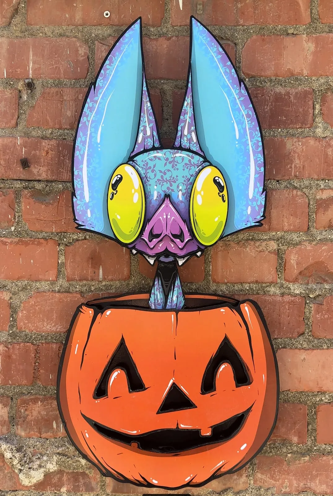 Freaking Ding Bat Wood Art, hand-cut layered wood art: neon goth lowbrow horror bat art by Freaking Ding Bat