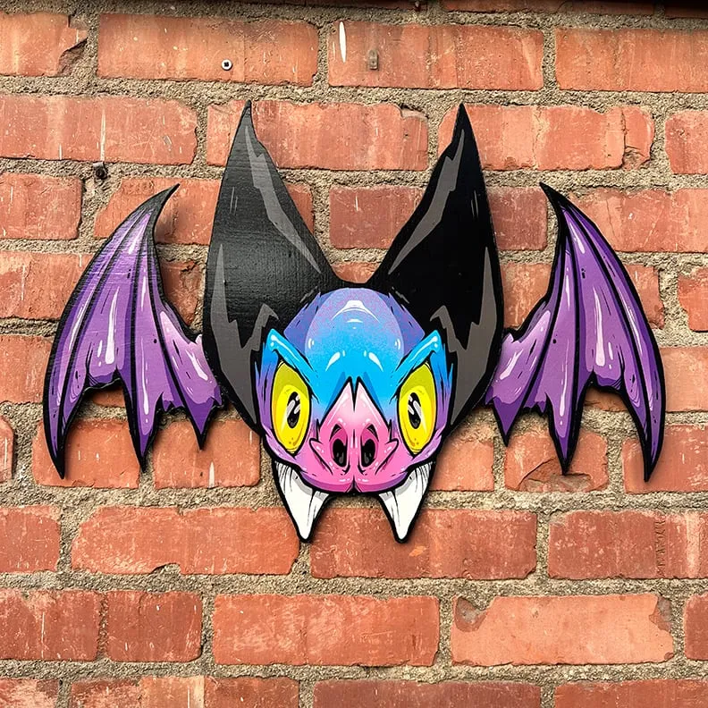 Freaking Ding Bat, hand-cut layered wood art: neon goth lowbrow horror bat art by Freaking Ding Bat