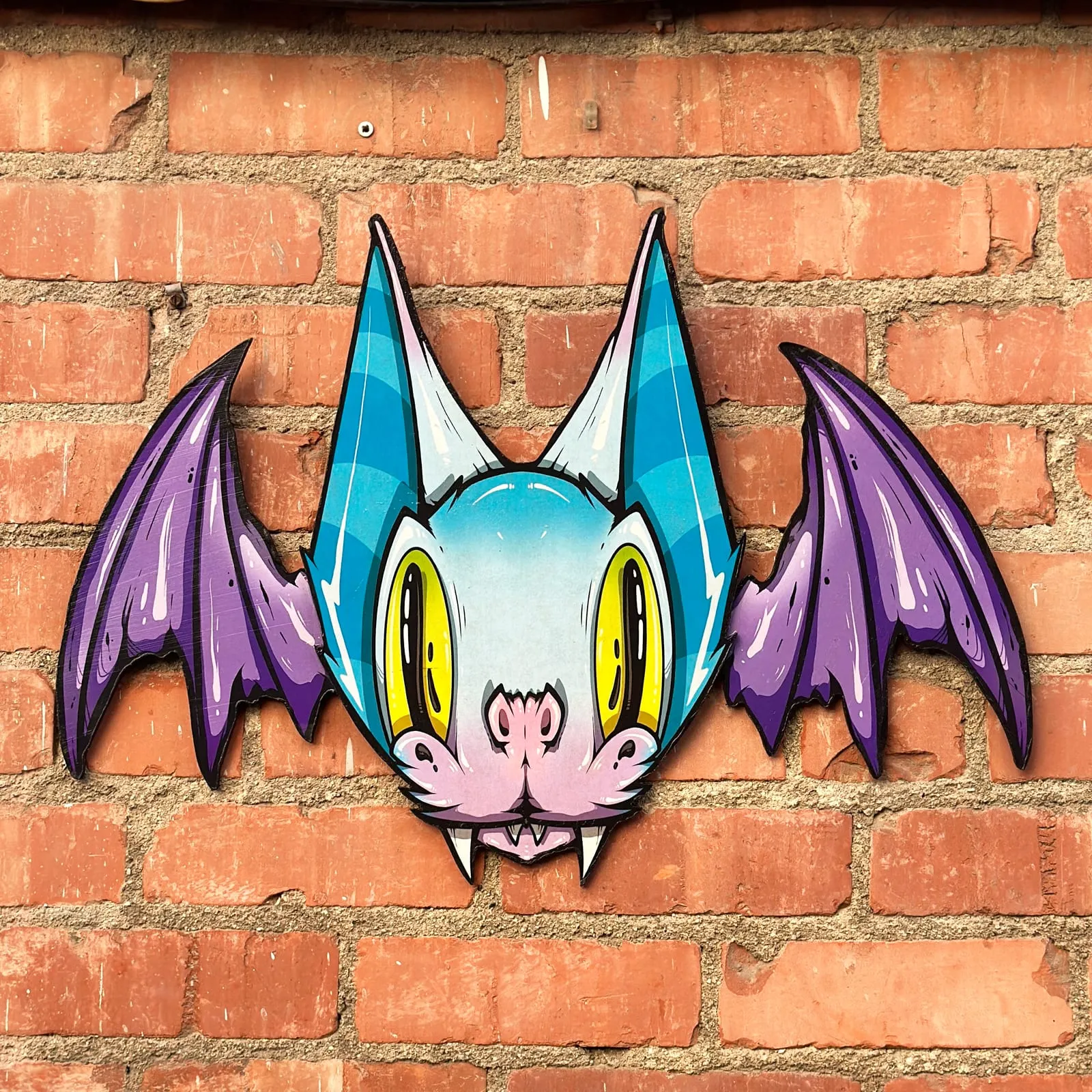 Freaking Ding Bat, hand-cut layered wood art: neon goth lowbrow horror bat art by Freaking Ding Bat