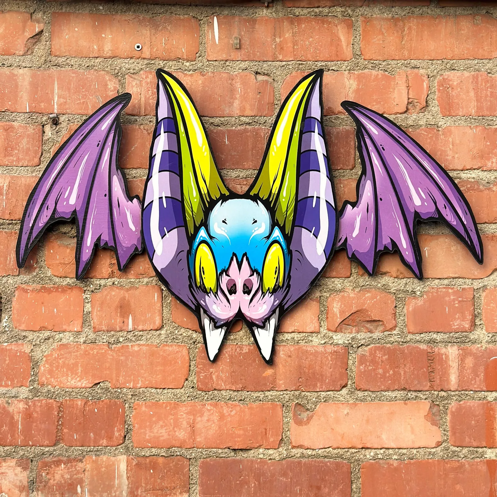 Freaking Ding Bat Wood Art, hand-cut layered wood art: neon goth lowbrow horror bat art by Freaking Ding Bat