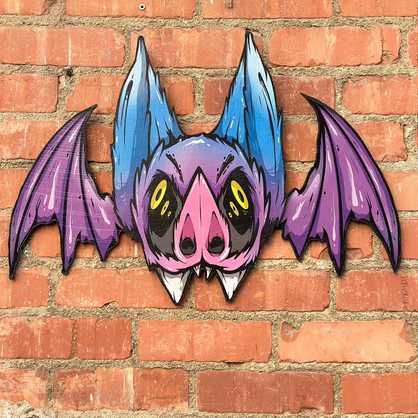 Freaking Ding Bat, hand-cut layered wood art: neon goth lowbrow horror bat art by Freaking Ding Bat