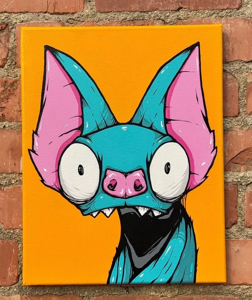 Freaking Ding Bat Painting, acrylic and spray paint painting on canvas: neon goth lowbrow horror bat art by Freaking Ding Bat