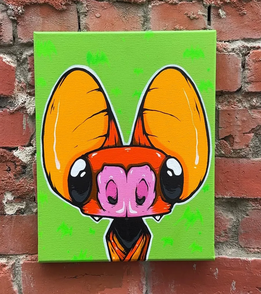 Freaking Ding Bat Painting, acrylic and spray paint painting on canvas: neon goth lowbrow horror bat art by Freaking Ding Bat