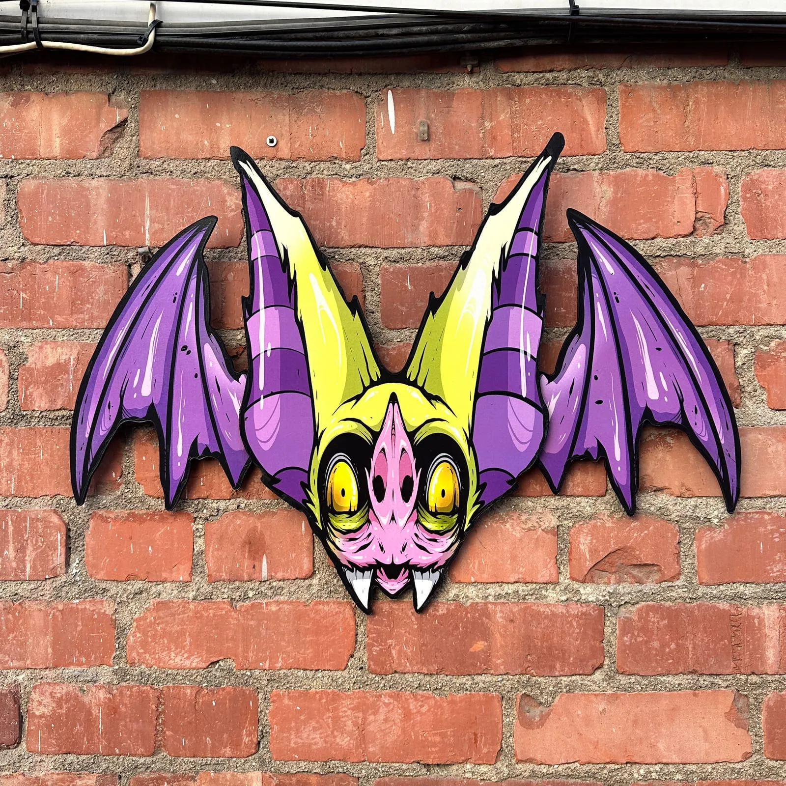 Freaking Ding Bat Wood Art, hand-cut layered wood art: neon goth lowbrow horror bat art by Freaking Ding Bat
