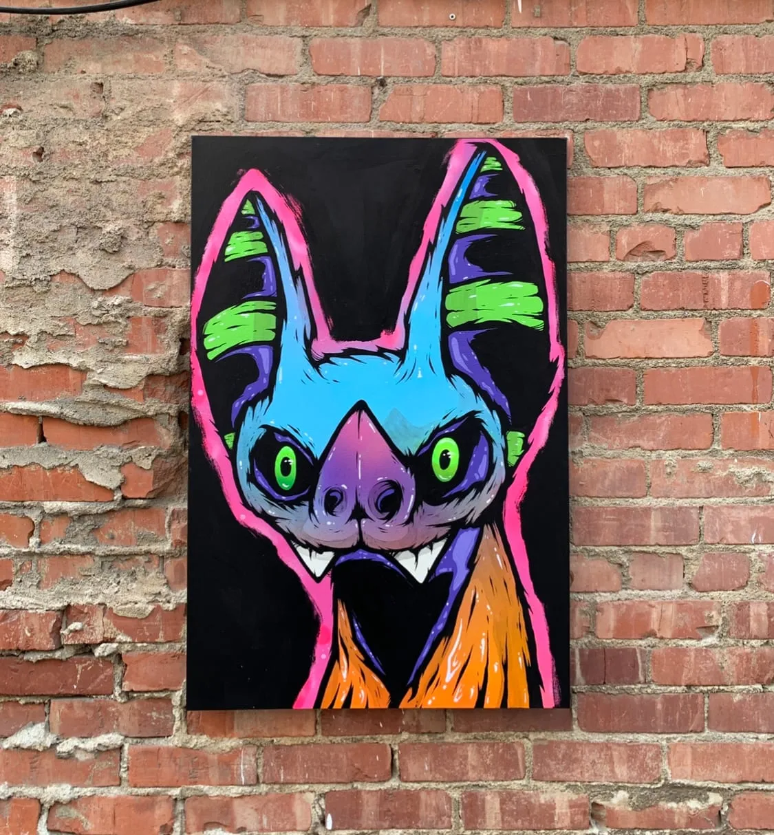Freaking Ding Bat Painting, acrylic and spray paint painting on canvas: neon goth lowbrow horror bat art by Freaking Ding Bat