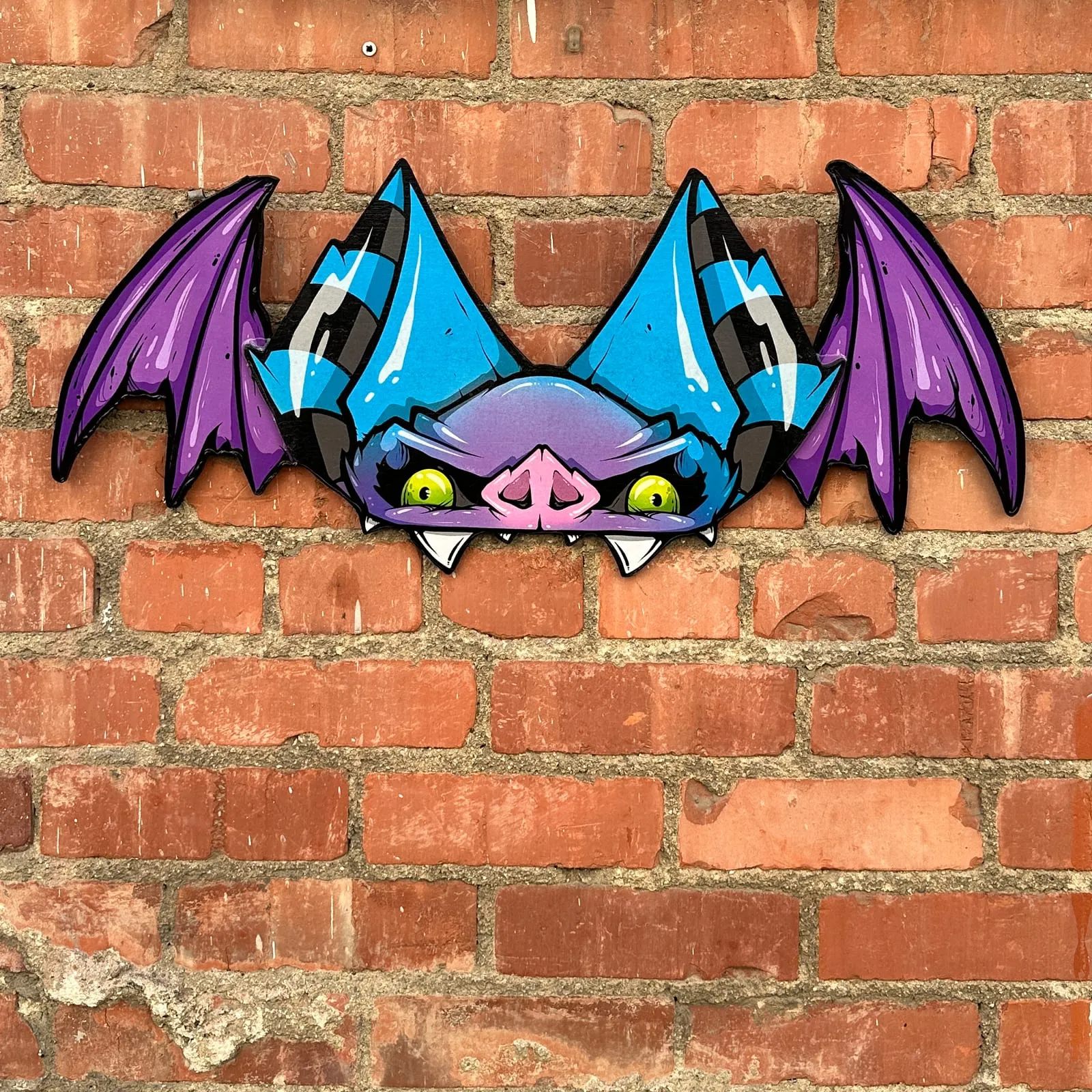 Freaking Ding Bat, hand-cut layered wood art: neon goth lowbrow horror bat art by Freaking Ding Bat