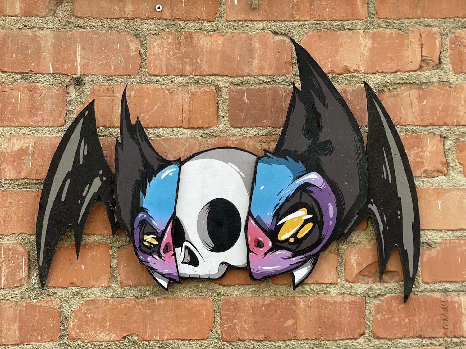 Freaking Ding Bat Wood Art, hand-cut layered wood art: neon goth lowbrow horror bat art by Freaking Ding Bat