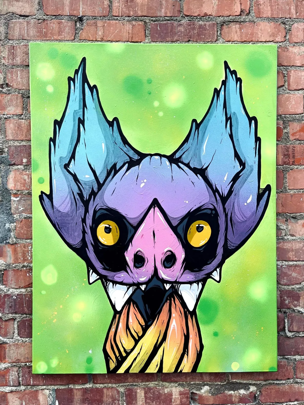 Freaking Ding Bat Painting, acrylic and spray paint painting on canvas: neon goth lowbrow horror bat art by Freaking Ding Bat