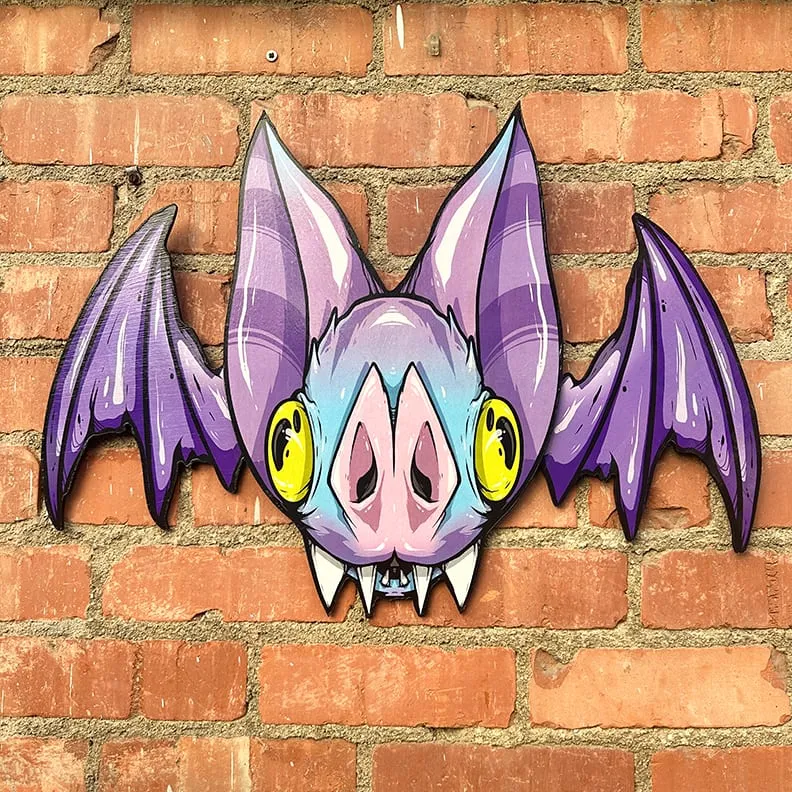 Freaking Ding Bat, hand-cut layered wood art: neon goth lowbrow horror bat art by Freaking Ding Bat