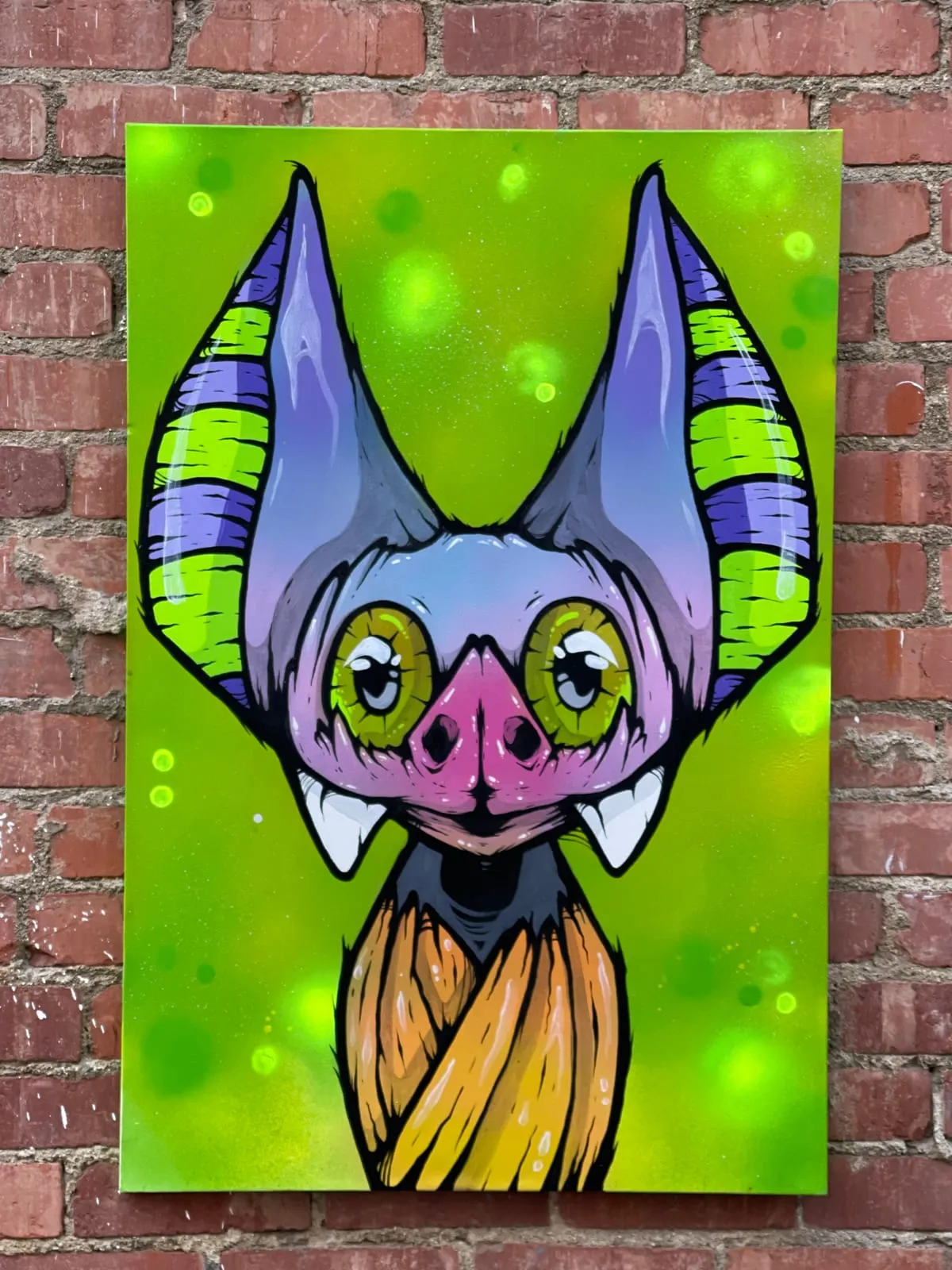Freaking Ding Bat Painting, acrylic and spray paint painting on canvas: neon goth lowbrow horror bat art by Freaking Ding Bat