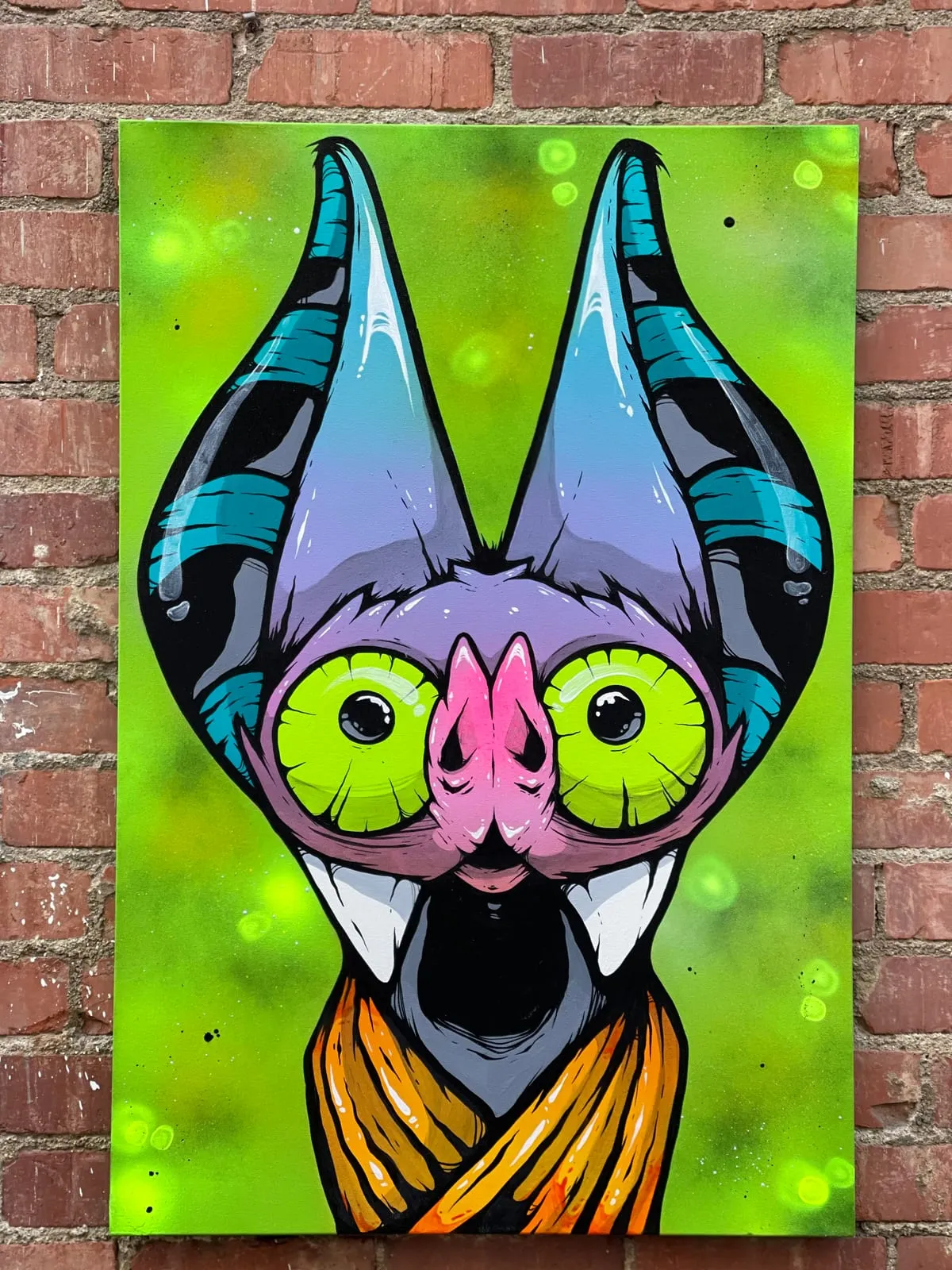 Freaking Ding Bat Painting, acrylic and spray paint painting on canvas: neon goth lowbrow horror bat art by Freaking Ding Bat